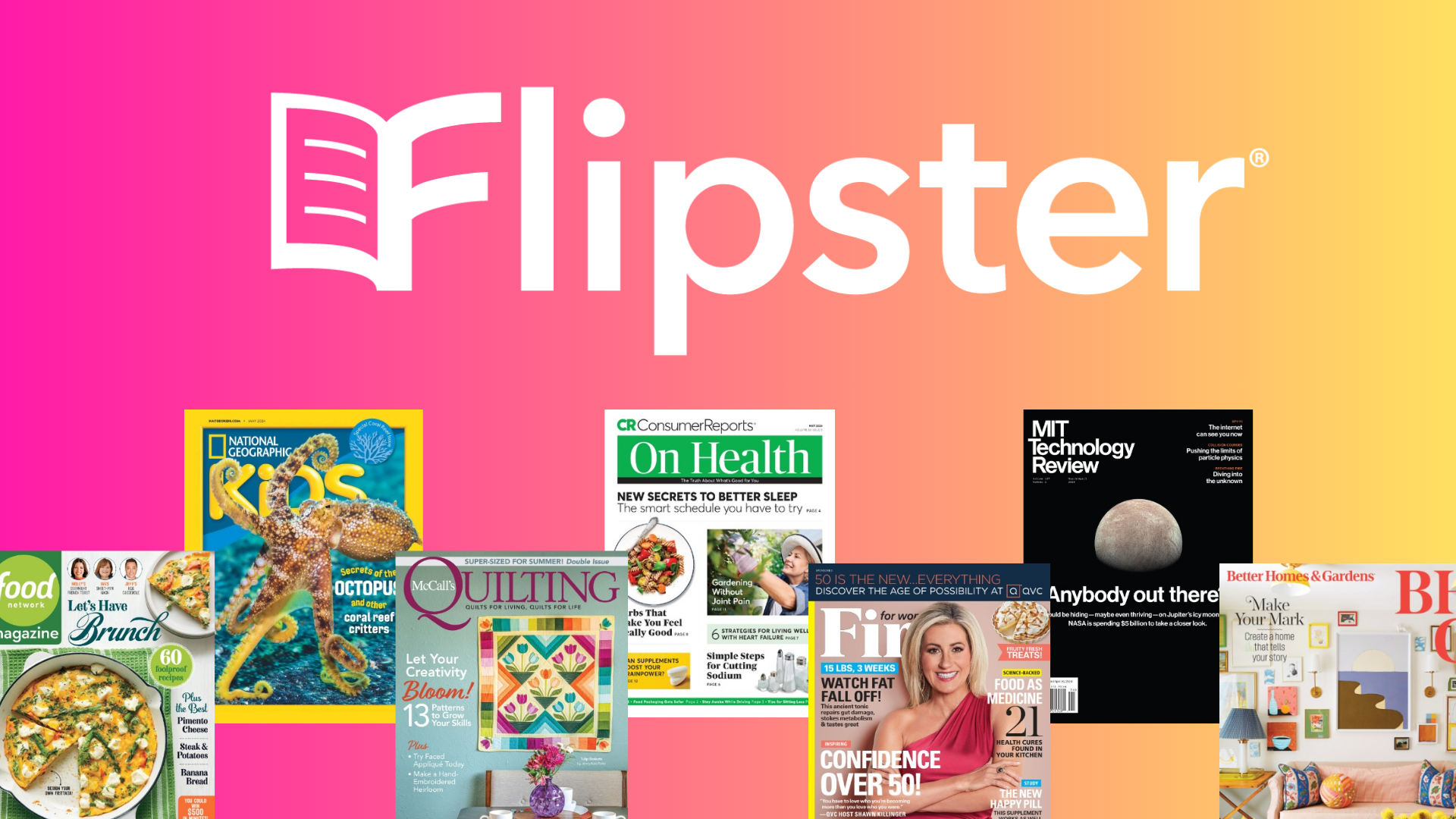 Flipster logo and eight magazine covers.