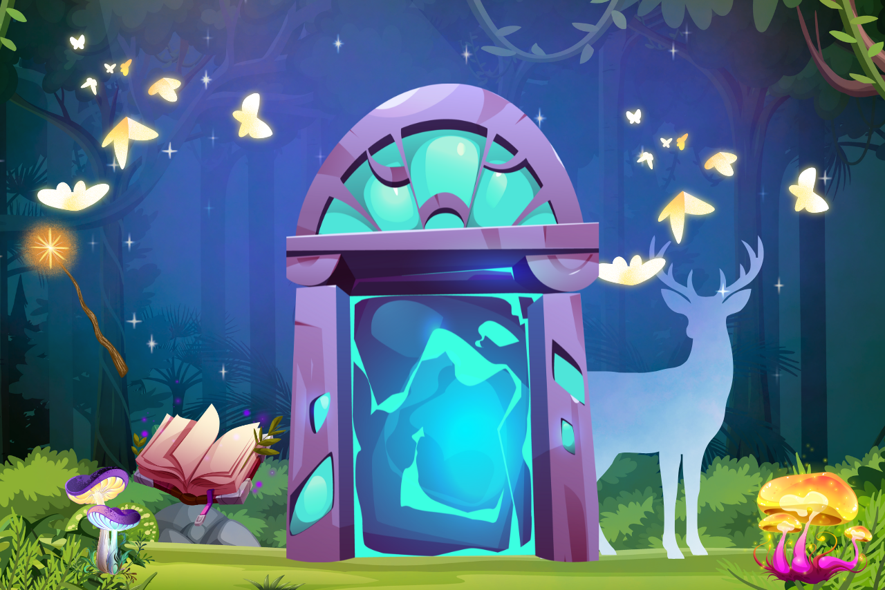 blue forest, gold butterflies, and a white deer with a magical portal in the center.