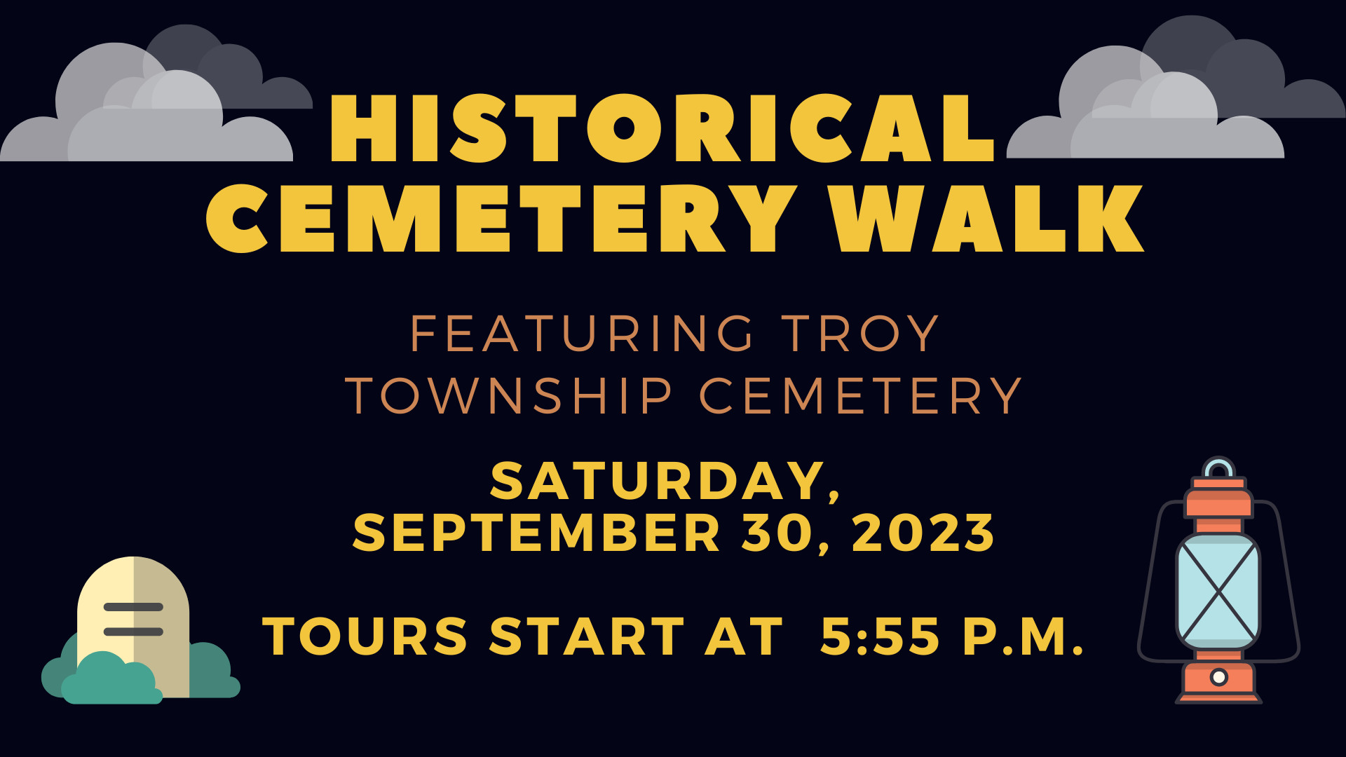 Headstone and lanturen graphics with information about the Historical Cemetery Walk.