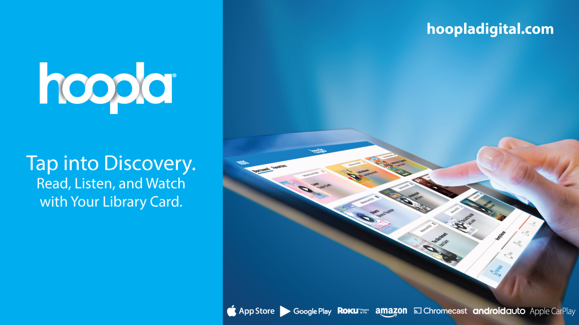 Hoopla.Instantly borrow eBooks, audiobooks, comics, movies, music, and more,  24/7 with your library card.