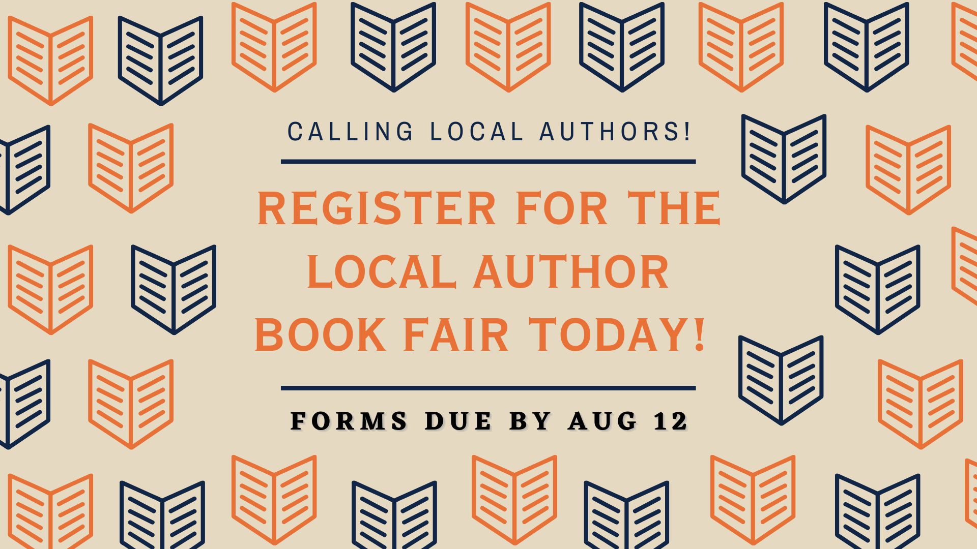several book silhouettes with information about registering for the local author fair