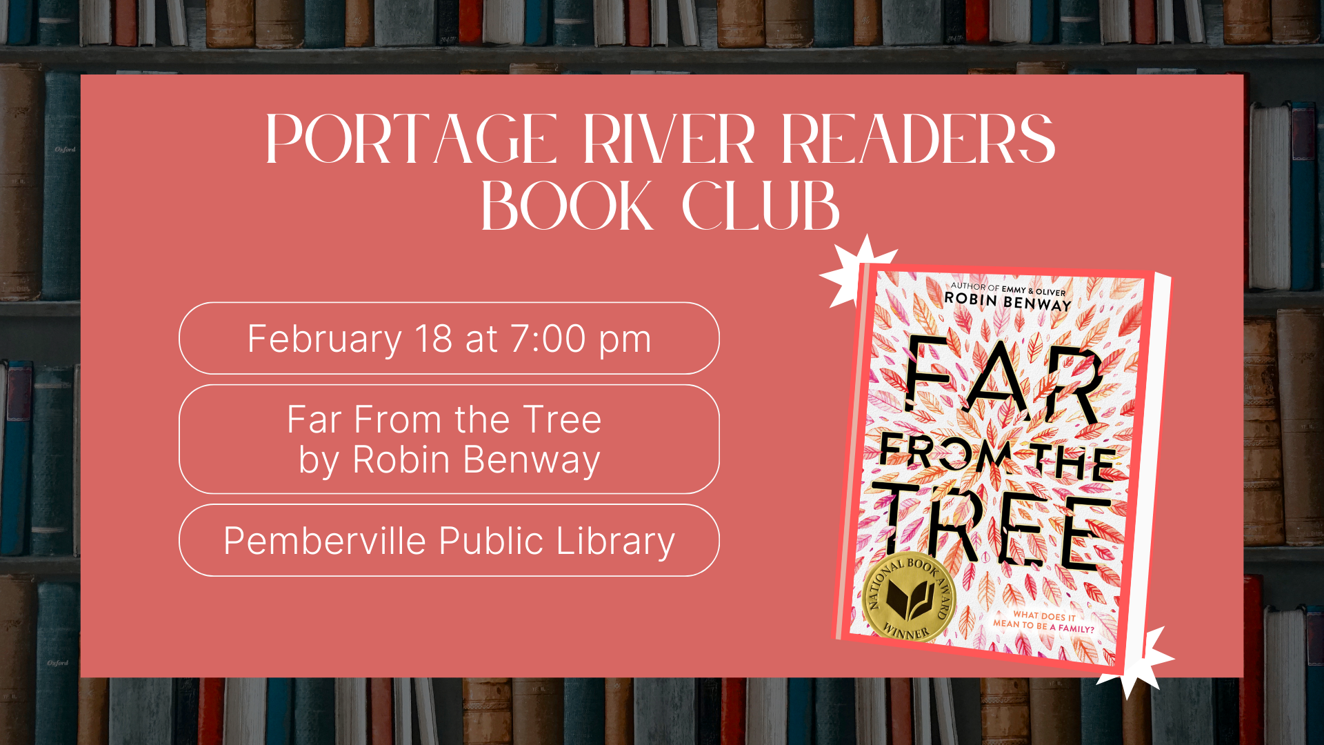 Portage River Readers. Meets at 7:00 pm at Pemberville Public Library