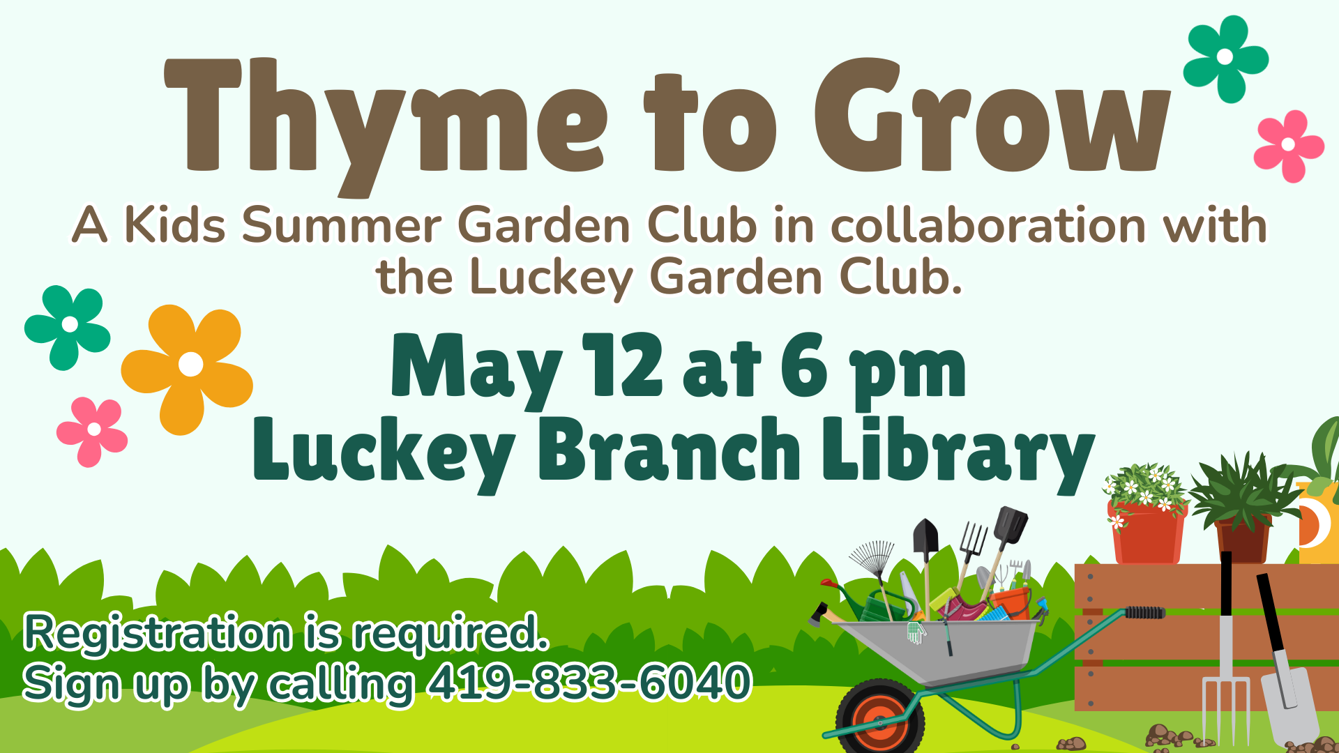 Thyme to grow is a kids garden club that meets on the second Monday of the Month. This program runs from April through August.