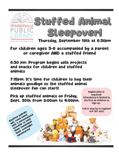 A pile of stuffed animals with informative text about the Stuffed Animal Sleepover event.