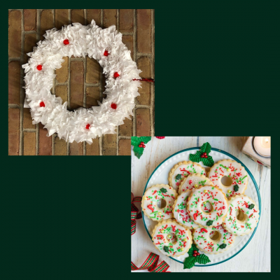 photo of a wreath made out of tissue paper and sugar cookies with wreath decoration