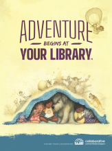 Children under a blanket reading and the slogan, "Adventure begins at your library"
